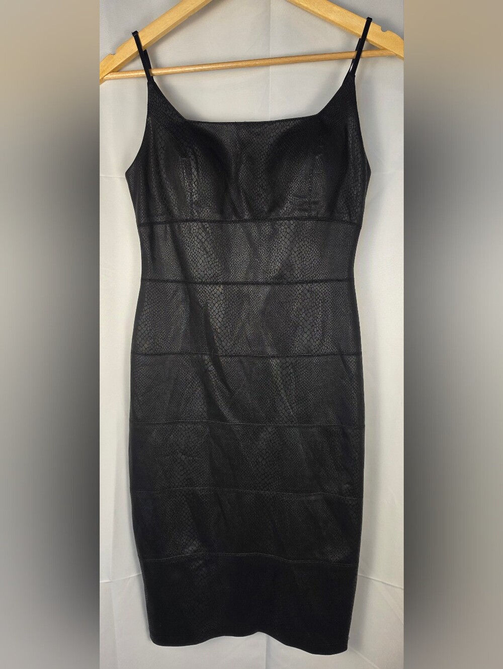 Bebe Black Faux Leather Snakeskin Bodycon Dress Square Neck
